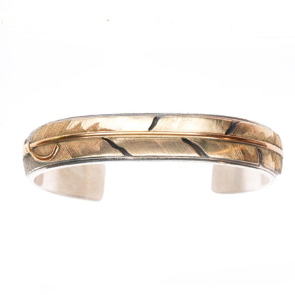 6.5" Mark Yazzie Navajo sterling silver gold overlay feather cuff bracelet
