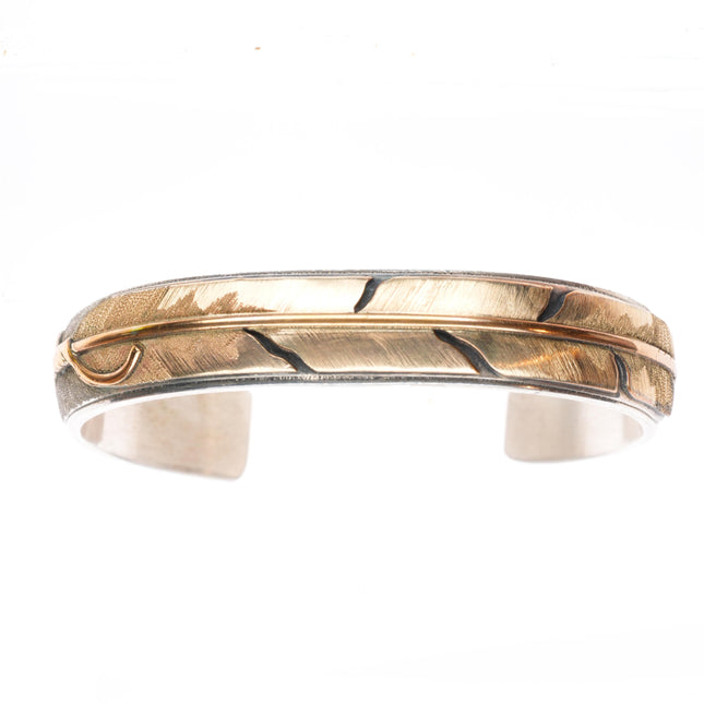 6.5" Mark Yazzie Navajo sterling silver gold overlay feather cuff bracelet