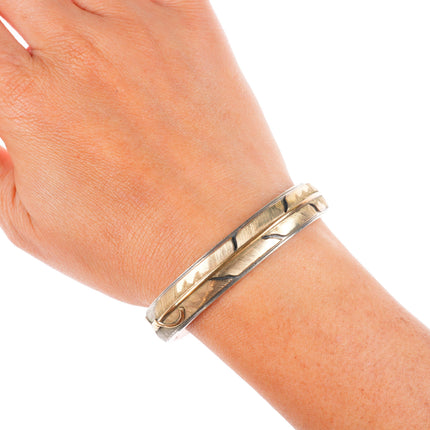 6.5" Mark Yazzie Navajo sterling silver gold overlay feather cuff bracelet