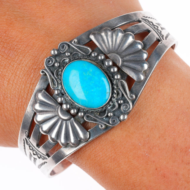 6.5" c1950's Fred Harvey style sterling silver cuff bracelet with turquoise