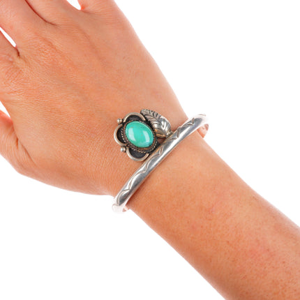 6.3" Vintage Navajo sterling silver stamped cuff bracelet with turquoise