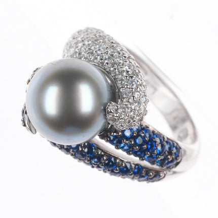 sz5.25  14k white gold, Diamond, Sapphire,  Tahitian pearl cocktail ring