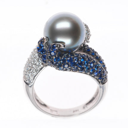 sz5.25  14k white gold, Diamond, Sapphire,  Tahitian pearl cocktail ring