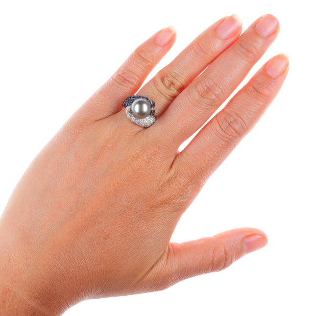 sz5.25  14k white gold, Diamond, Sapphire,  Tahitian pearl cocktail ring