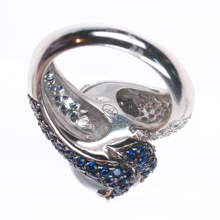 sz5.25  14k white gold, Diamond, Sapphire,  Tahitian pearl cocktail ring