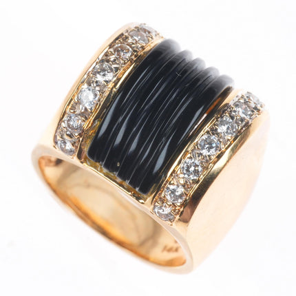 sz5 14k yellow gold 2cttw diamond carved banded Onyx Art Deco style ring