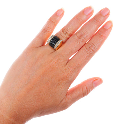 sz5 14k yellow gold 2cttw diamond carved banded Onyx Art Deco style ring