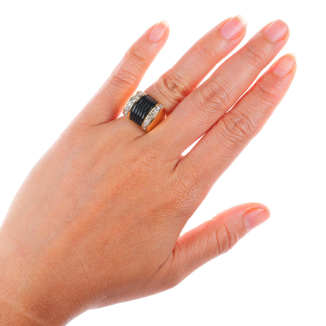 sz5 14k yellow gold 2cttw diamond carved banded Onyx Art Deco style ring