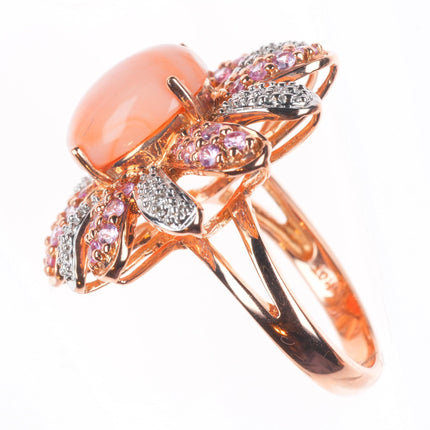 sz5.25 14k yellow gold, Diamond, pink Spinel, Coral sunburst cocktail ring