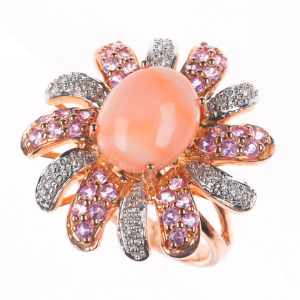 sz5.25 14k yellow gold, Diamond, pink Spinel, Coral sunburst cocktail ring