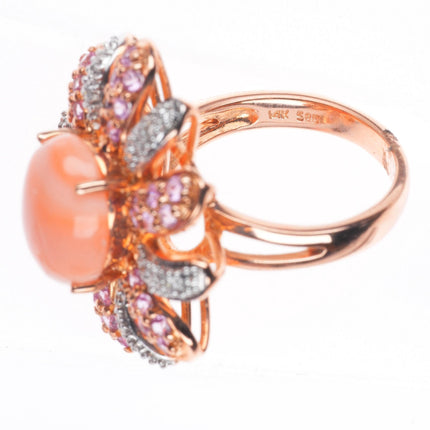 sz5.25 14k yellow gold, Diamond, pink Spinel, Coral sunburst cocktail ring