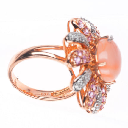 sz5.25 14k yellow gold, Diamond, pink Spinel, Coral sunburst cocktail ring