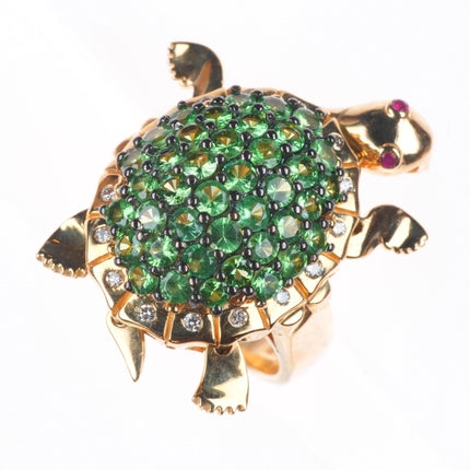 sz5.25 LeVian 14k yellow gold, Diamond, Tsavorite Garnet, Ruby Sea Turtle ring