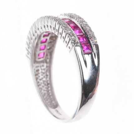 sz6 14k white gold, Diamond, square cut Ruby eternity band ring