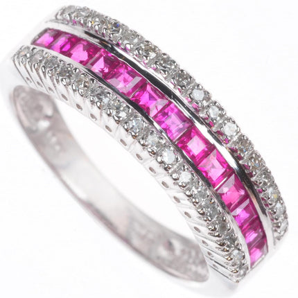 sz6 14k white gold, Diamond, square cut Ruby eternity band ring