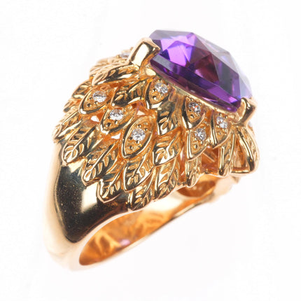 sz5.5 14k yellow gold, Diamond, Amethyst naturalistic leaves cocktail ring