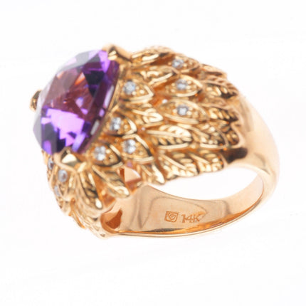 sz5.5 14k yellow gold, Diamond, Amethyst naturalistic leaves cocktail ring