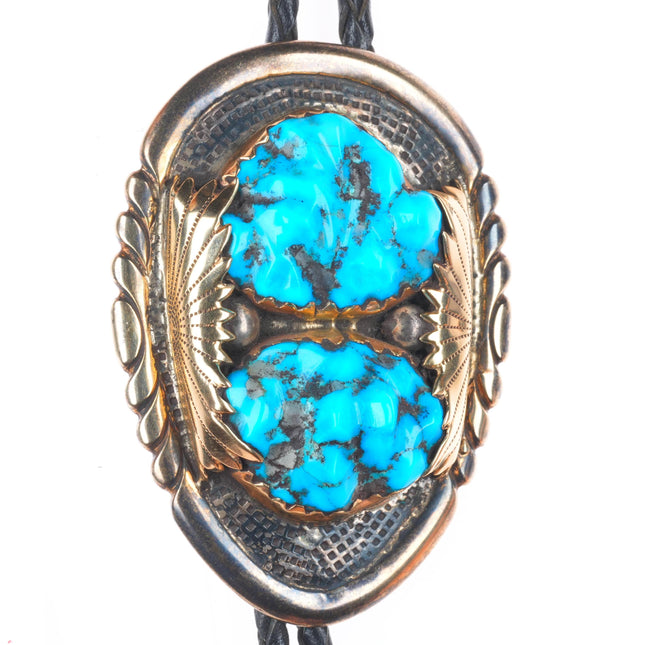 Robert and Bernice Leekya 14k yellow gold sterling silver turquoise bolo tie