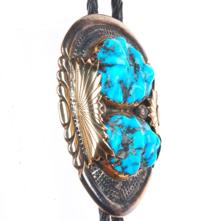 Robert and Bernice Leekya 14k yellow gold sterling silver turquoise bolo tie