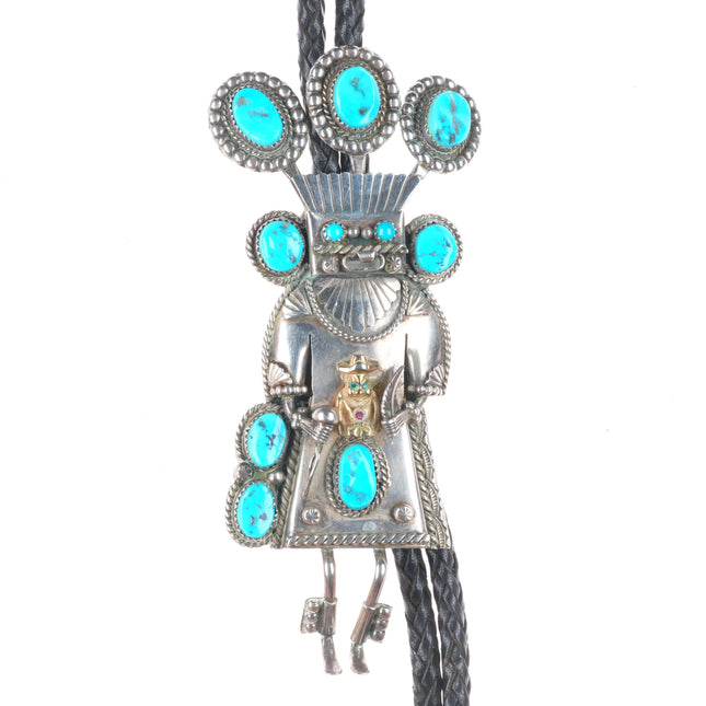 Large Navajo Kachina Billiken sterling silver turquoise bolo tie