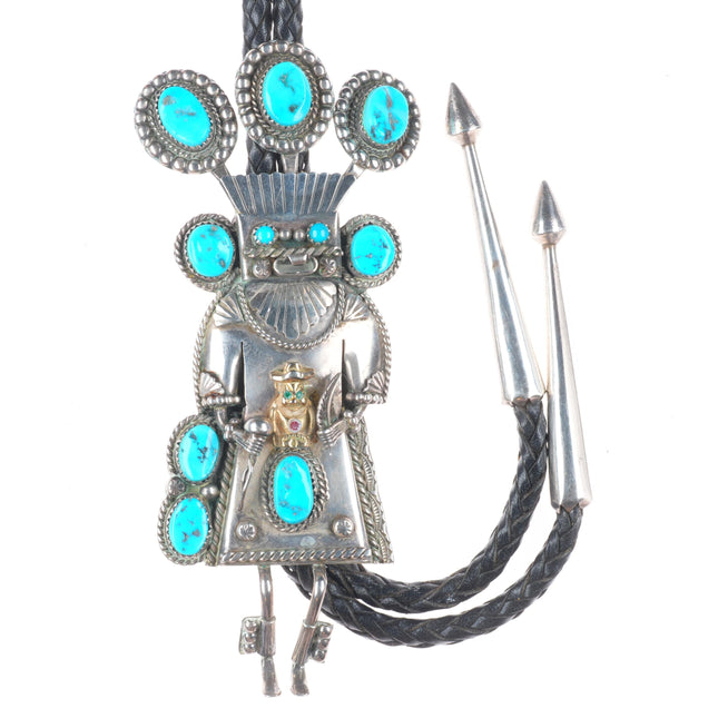 Large Navajo Kachina Billiken sterling silver turquoise bolo tie