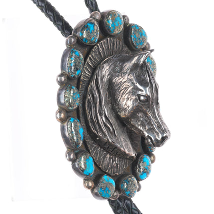 Large Navajo Sterling silver 3D Horse bust high grade Pyrite turquoise bolo tie