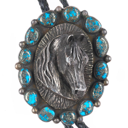 Large Navajo Sterling silver 3D Horse bust high grade Pyrite turquoise bolo tie
