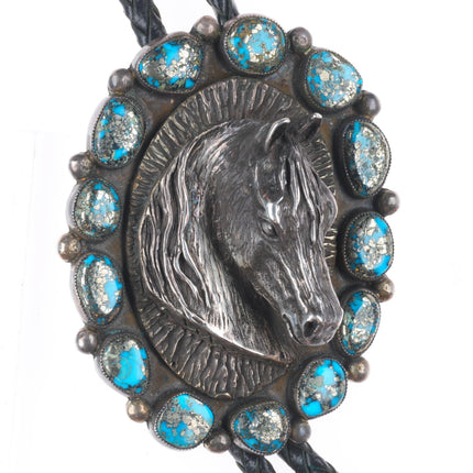 Large Navajo Sterling silver 3D Horse bust high grade Pyrite turquoise bolo tie