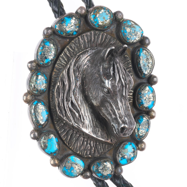 Large Navajo Sterling silver 3D Horse bust high grade Pyrite turquoise bolo tie