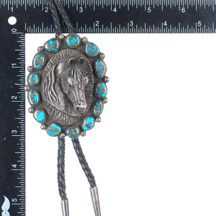 Large Navajo Sterling silver 3D Horse bust high grade Pyrite turquoise bolo tie