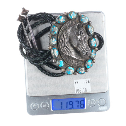 Large Navajo Sterling silver 3D Horse bust high grade Pyrite turquoise bolo tie