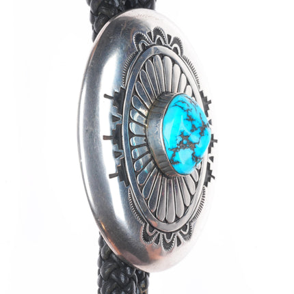 Large Charlie John Navajo Sterling silver turquoise chiseled/stamped bolo tie