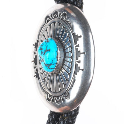 Large Charlie John Navajo Sterling silver turquoise chiseled/stamped bolo tie
