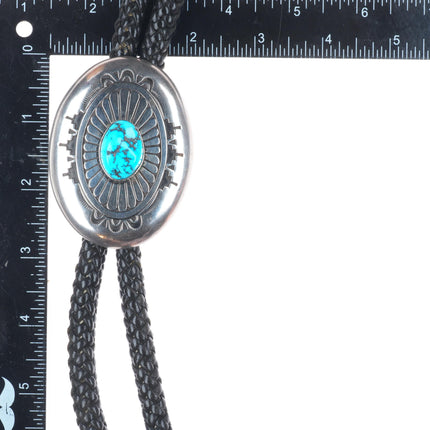 Large Charlie John Navajo Sterling silver turquoise chiseled/stamped bolo tie