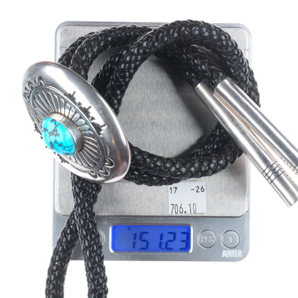 Large Charlie John Navajo Sterling silver turquoise chiseled/stamped bolo tie