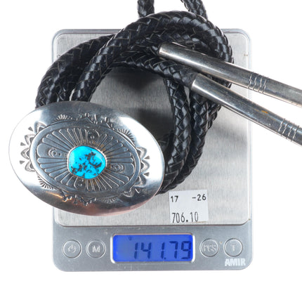 Large Robert Johnson Navajo Sterling silver turquoise chiseled/stamped bolo tie