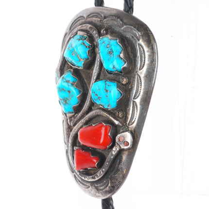 c1970 Effie Calavaza Zuni sterling silver, turquoise, coral snakes bolo tie