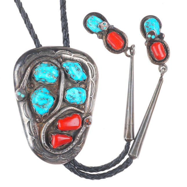 c1970 Effie Calavaza Zuni sterling silver, turquoise, coral snakes bolo tie