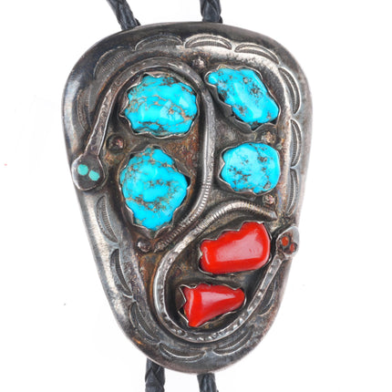 c1970 Effie Calavaza Zuni sterling silver, turquoise, coral snakes bolo tie