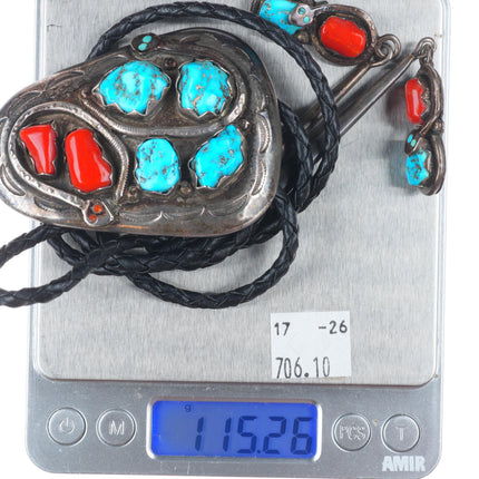 c1970 Effie Calavaza Zuni sterling silver, turquoise, coral snakes bolo tie