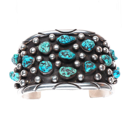 7" Vintage CRB Navajo sterling silver turquoise cluster nugget cuff bracelet