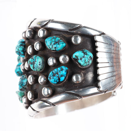 7" Vintage CRB Navajo sterling silver turquoise cluster nugget cuff bracelet