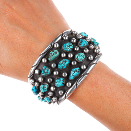 7" Vintage CRB Navajo sterling silver turquoise cluster nugget cuff bracelet