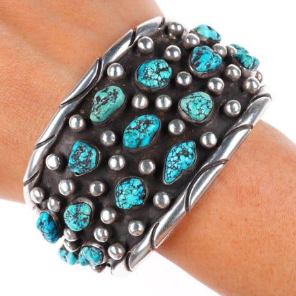 7" Vintage CRB Navajo sterling silver turquoise cluster nugget cuff bracelet