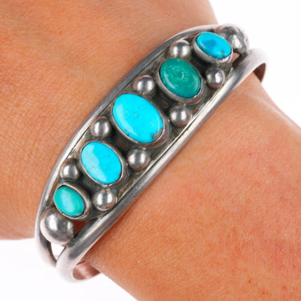6.1" c1950's vintage Navajo sterling silver turquoise row cuff bracelet