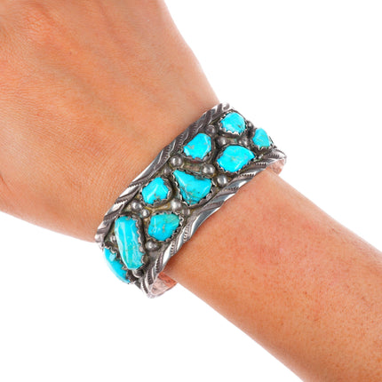 6.8" Vintage Zuni sterling silver carved turquoise nugget cuff bracelet