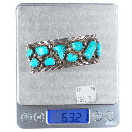 6.8" Vintage Zuni sterling silver carved turquoise nugget cuff bracelet