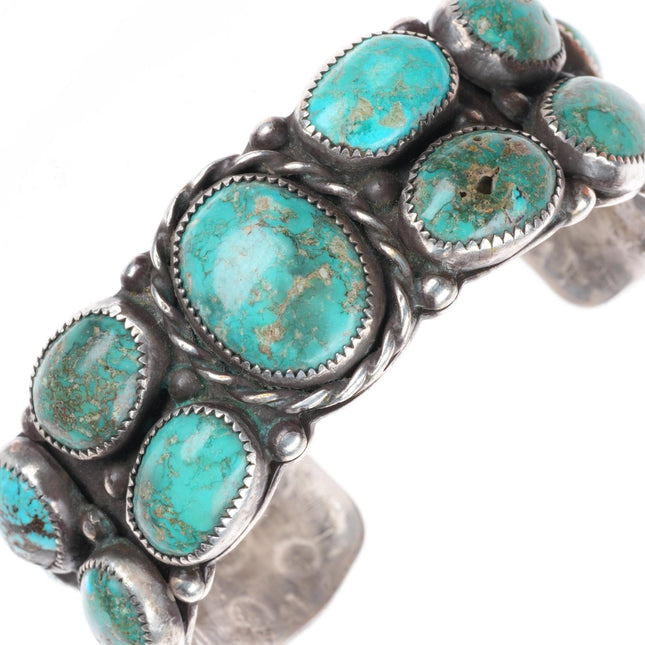 6.1" Vintage Navajo sterling silver stamped double row turquoise cuff bracelet