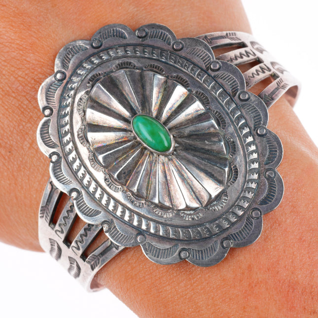 6.6" 1940s Fred Harvey Era Navajo sterling silver turquoise concho cuff bracelet