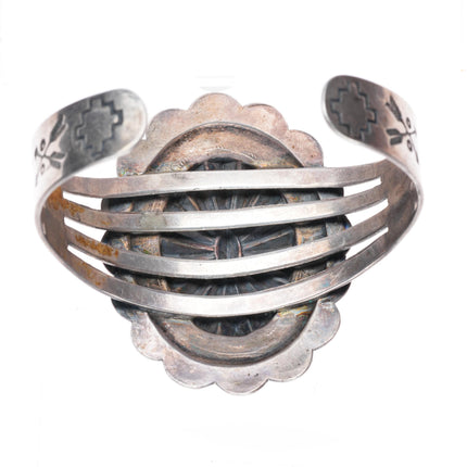 6.6" 1940s Fred Harvey Era Navajo sterling silver turquoise concho cuff bracelet